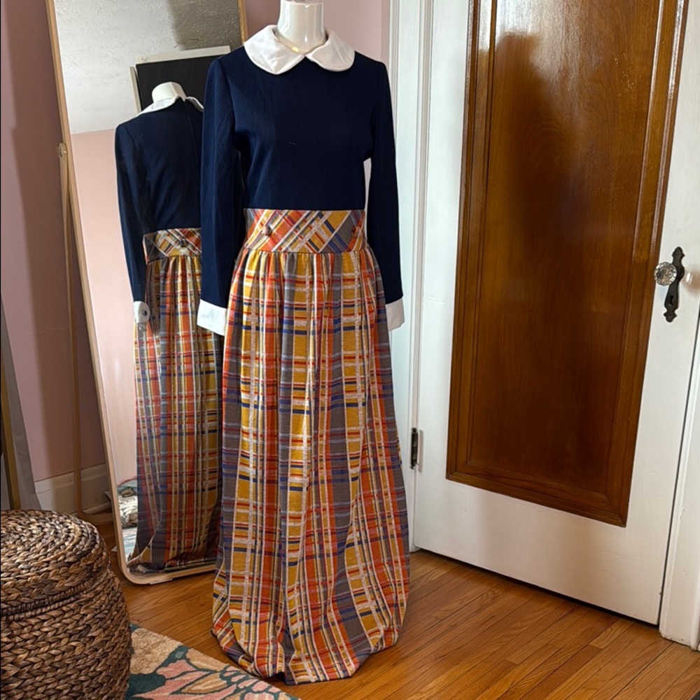 Stanley Blue and Gold Pleated A-line Maxi Dress